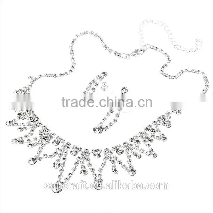Wholesale Min Order Fashion Full Crystal White Gold Plated Necklace Earrings Crystal Jewelry Set Bridal Wedding