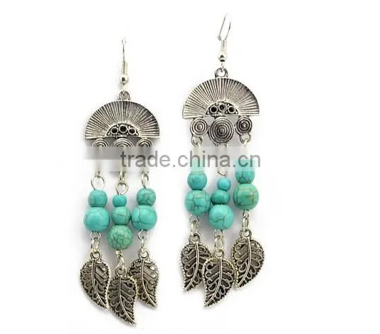 2016 Celebrity Design india Ethnic Style Leaf Tassels Pendant Turquoise Earrings