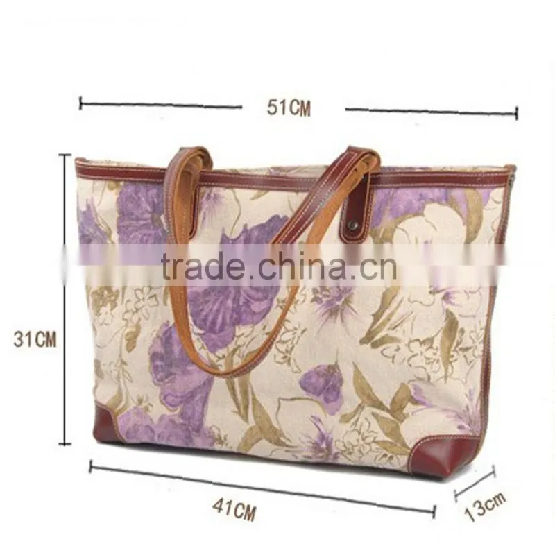 Heavy washed canvas leather flower printing shopping bag ladies canvas bag tote bag