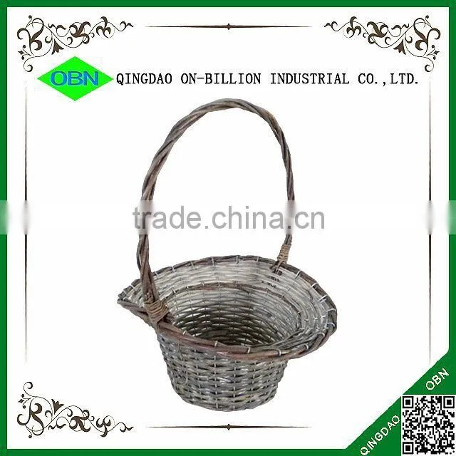 Vintage wash grey wicker flower basket with handle