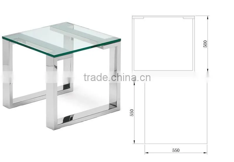 Square polished durable stainless steel living room end side table with glass