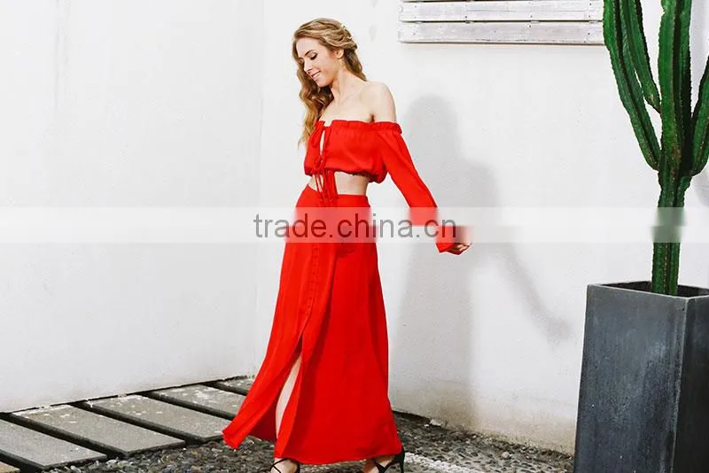 New design 2017 summer Two piece set party sexy dress women Vintage club Off shoulder chiffon red long maxi dress
