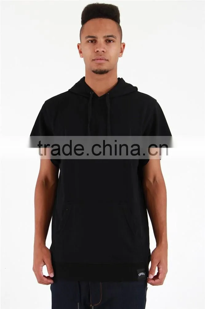 Cheap black/grey thin fleece blank hoodie short sleeve pullover hoodie