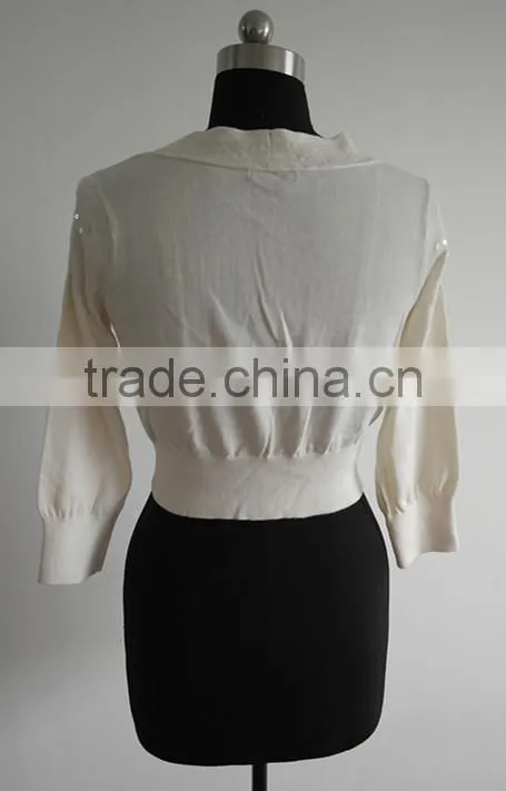 Fashion white ladies bead 100%pima cotton poncho cardigan sweater