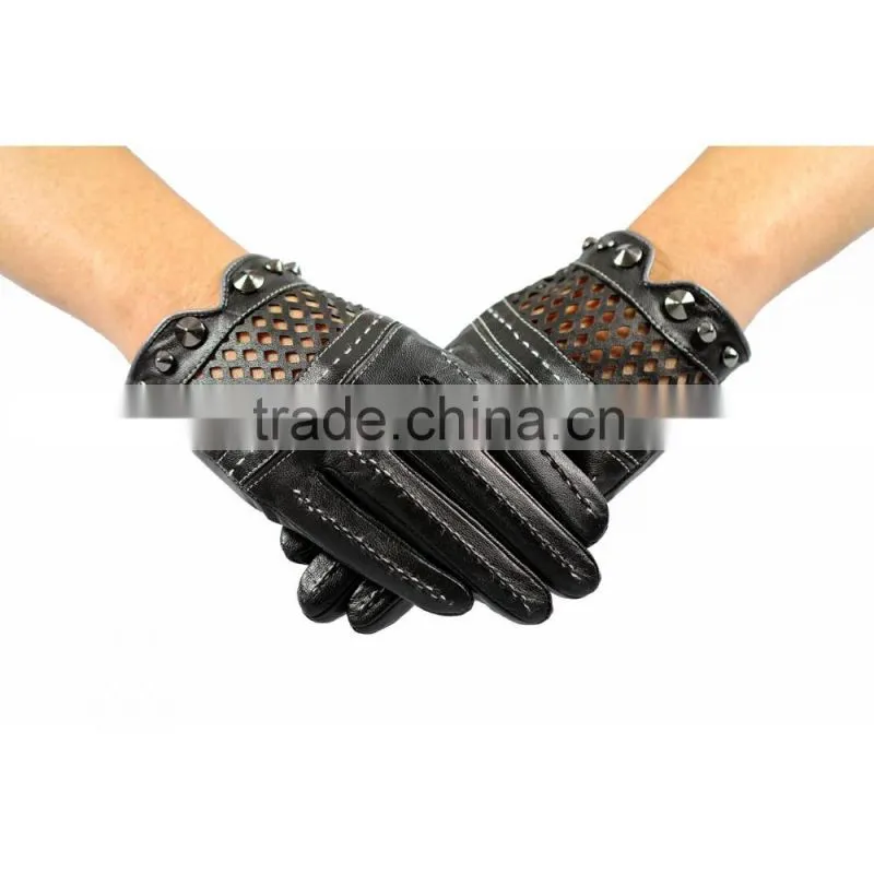 Ladies black short leather gloves driving unlined with studs and punch