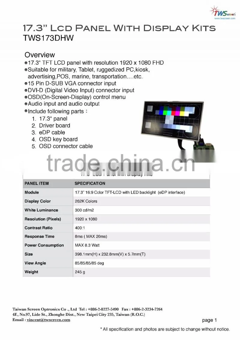 17.3" 16:9 Color Lcd module with led backlight eDP interface with 300 cd/m2
