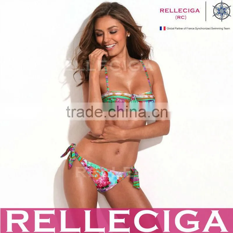 RELLECIGA Digital Floral Print Bikini Series - Longline Bandeau Top & Adjustable Bottom Bikini Swimwear with Spliced Detail