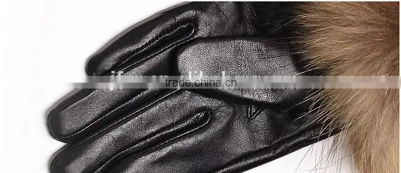 Women's Lambskin Leather Gloves with Plush Raccoon Fur Trim Super Warm