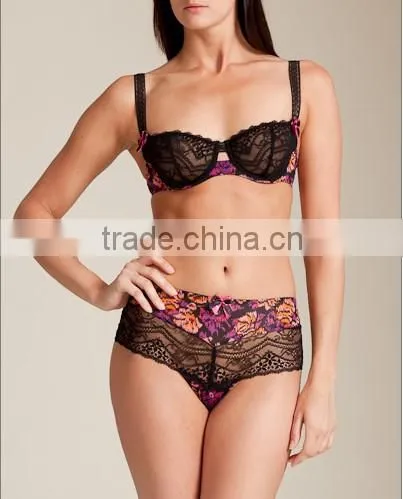 lace wide strap underlined women sexy bra panty set