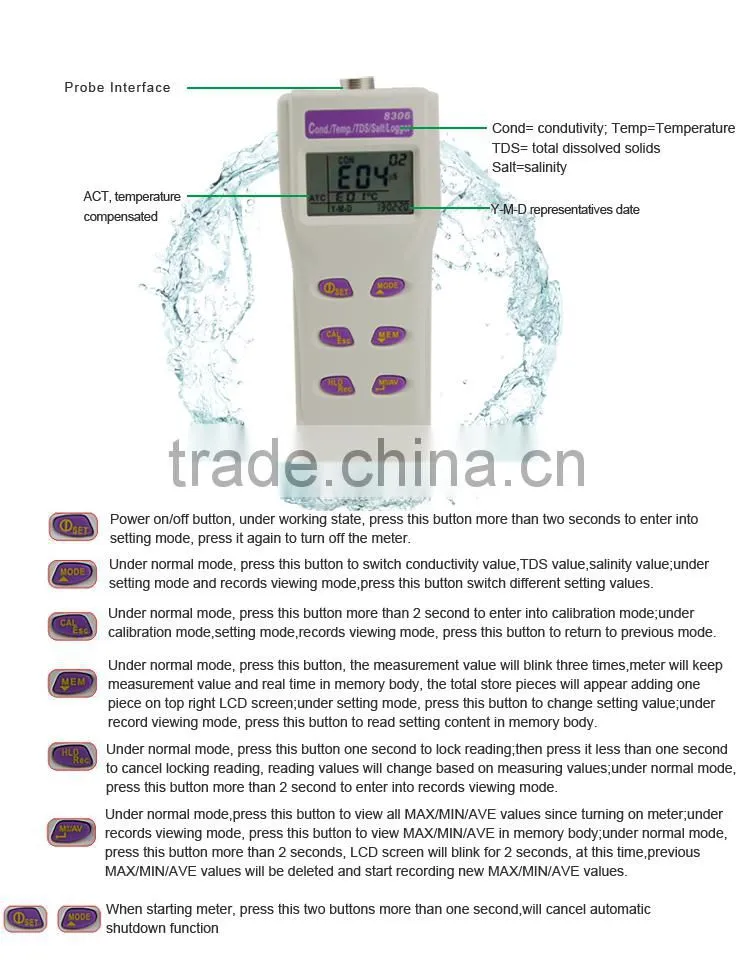 Electrode Conductivity Probe Temperature Detector Salinity TDS Meter
