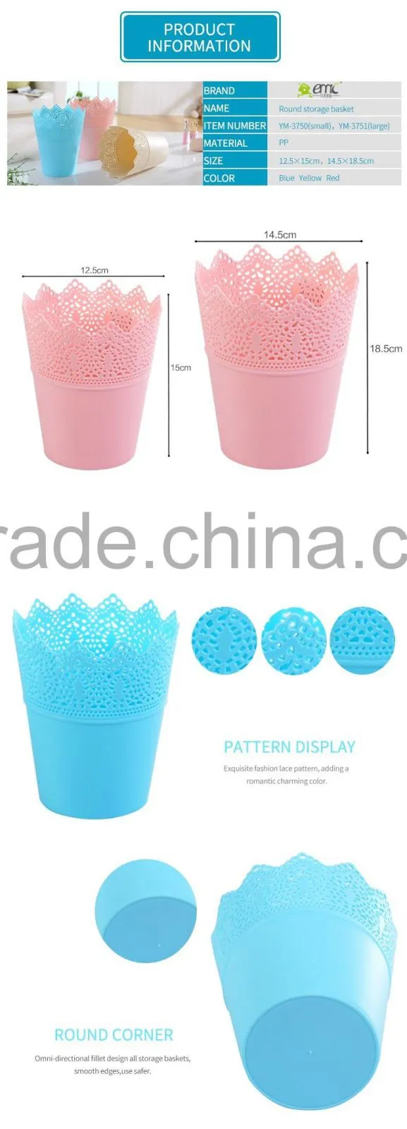 Wholsale round plastic desktop flower pot/mini storage bucket lace hollow style