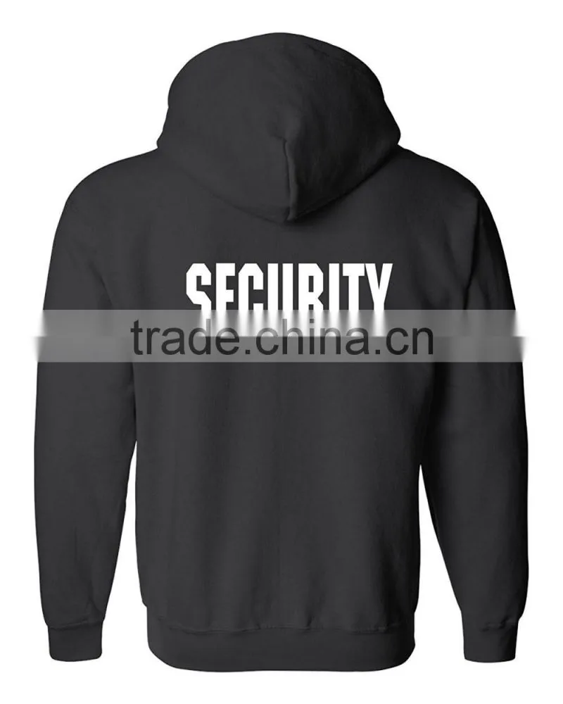 Security Silkscreen Front & Back Black Full Zip Hoodie, Ring-Spun Cotton Jersey Hooded Security Guard Uniform With Ribbed Cuffs