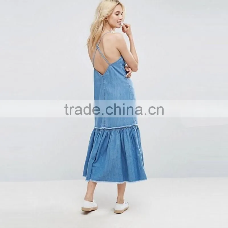 2017 Summer V Neck Cross Back Straps Maxi Long Denim Dress Woman HSD9982
