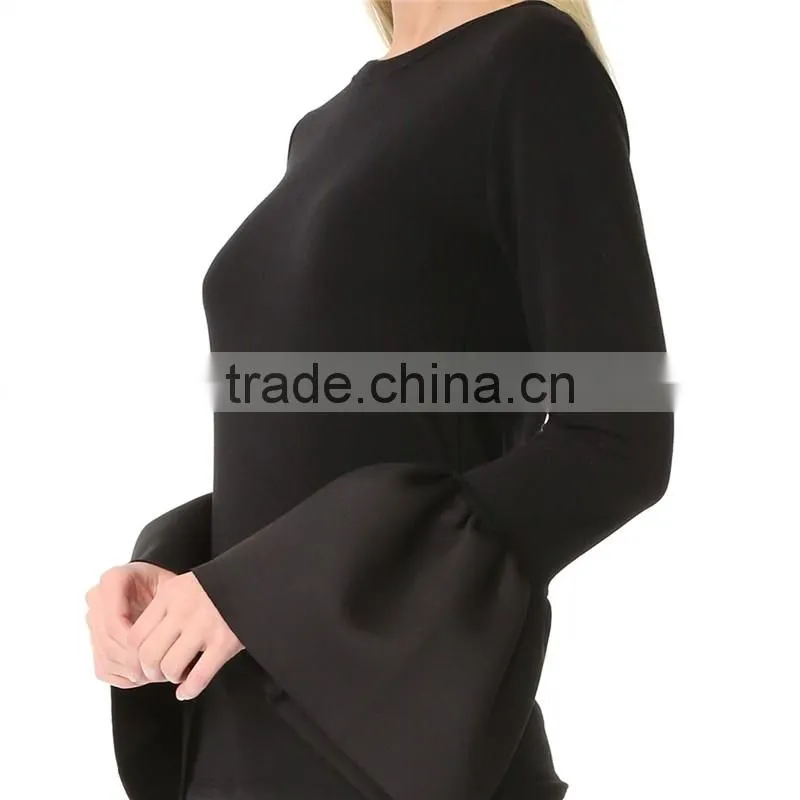 2017 OEM Banded Crew Neckline Flounced Cuffs Feminine Blouses