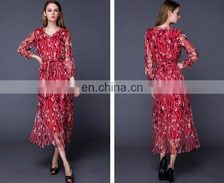 star patterned fashionable long sleeve red chiffon long dress with waistband