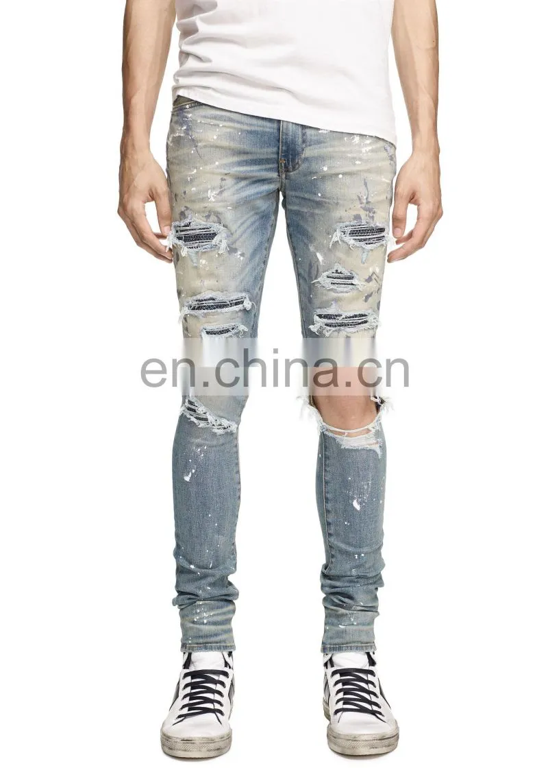 DiZNEW Classic Indigo Crystal Paint distressed jeans For Men