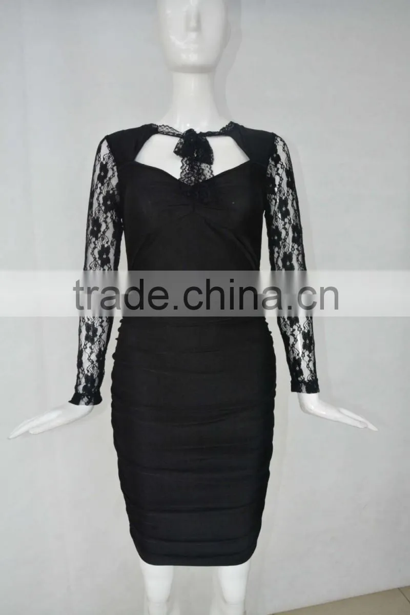 Classic Black Sexy Lace sleeve Dress fashion perspective bandage dress sexy free prom dress