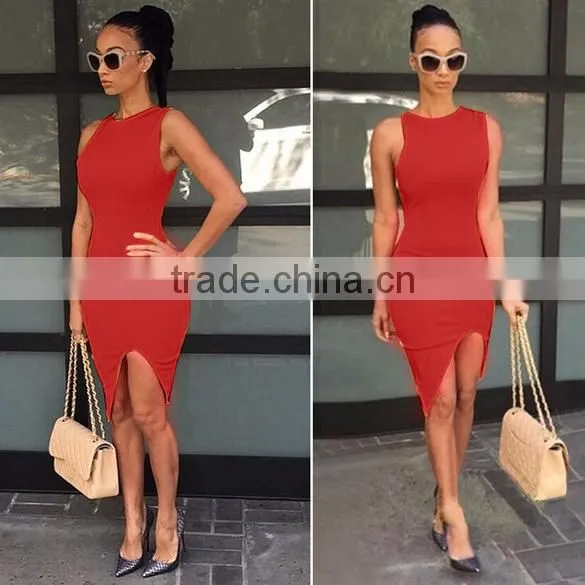 Sexy Women O-Neck Sleeveless Asymmetric Hem Solid Slim Bodycon Split Casual Dress