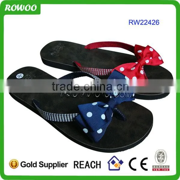 RW22426 Girls Textile V Straps with Dot Flower Decoration Flip Flops