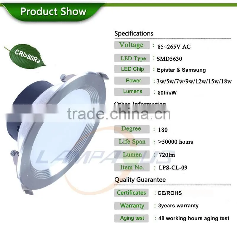 85~265V AC Epistar chip with driver led recessed down light lamp 9W dimmable round led panel ceiling light 3~18w