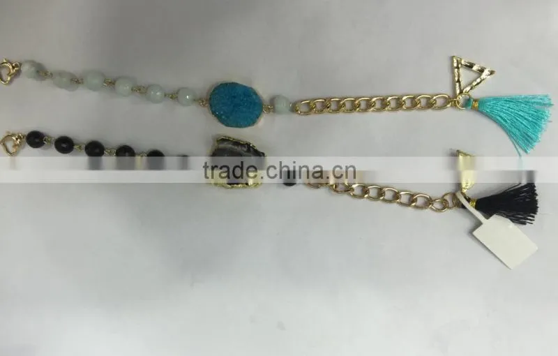 2015 Latest Popular Druzy Stone Foiled Agate Bracelet,Silk Tassel Charm bracelet