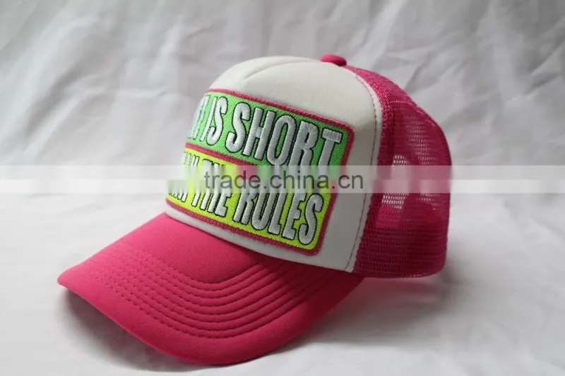 Top popular four color neon trucker cap with embroidery and applique