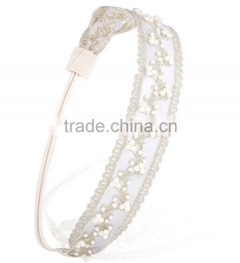 beauty Women Lady Lace Pearl Beads Headband Hairband Elastic Hair Head Band