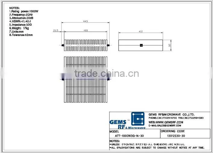 1000W high-power coaxial fixed attenuator DC-3GHz