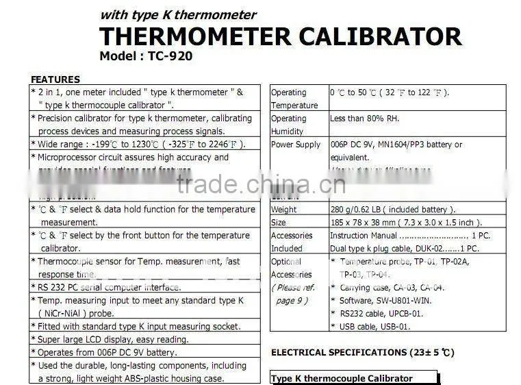 NEW -199.9~1230 C, K type Thermometer and Thermometer Calibrator TC-920