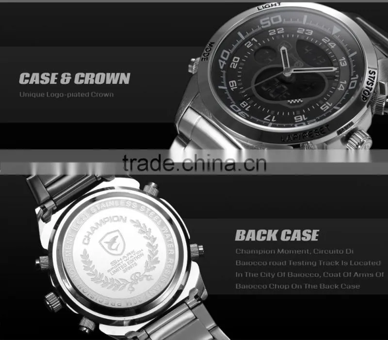 Shark Men Sport Brand New LED Analog Dual Time Zone Black Dial Japan Qaurtz Multifunction Movement Watch