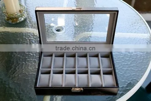 Watch Box Large 12 Mens Black Leather Display Glass Top Jewelry Case Organizer