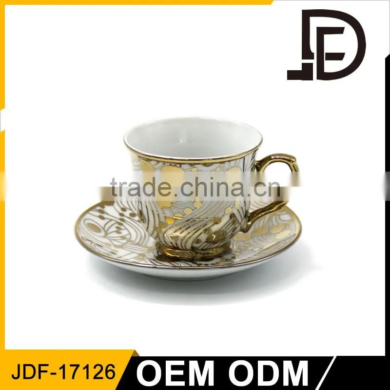 Wholesale gold electro plating custom printed durable porcelain tea cup and saucer