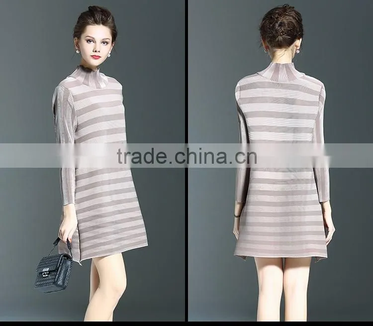 Spring models lady casual clothing stripped turtleneck crinkled dress