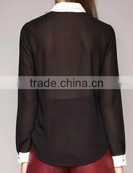 Star Black white contrast color restoring ancient ways hook flower stars embroidery long sleeve chiffon shirt