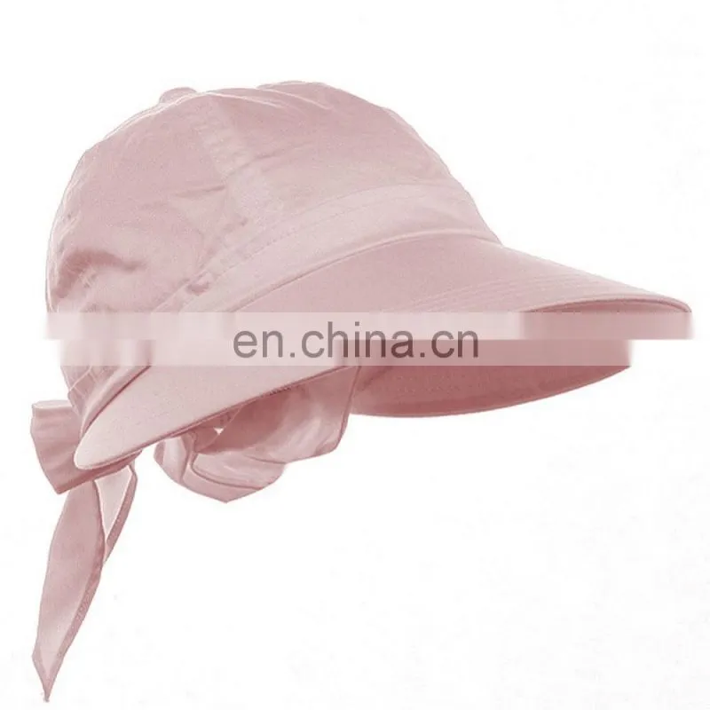 Womens Pink Wide Brim Gardening Visor Sun Hat w Bow Tie Back & Elastic Band