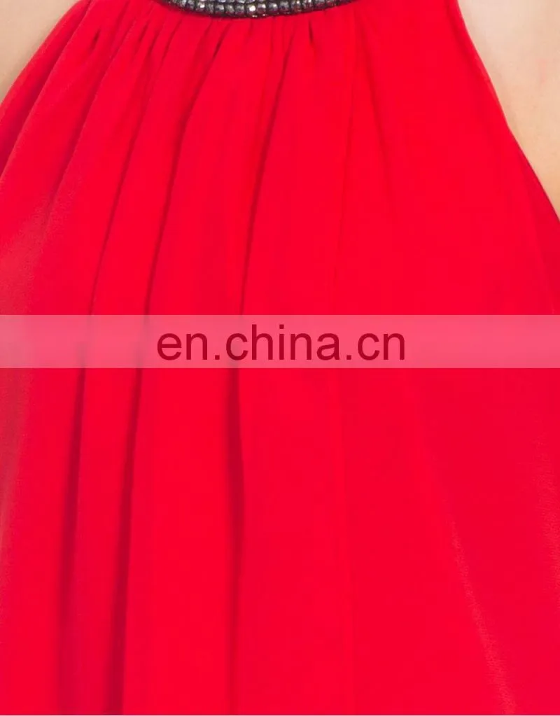 Solid Red Long Layer Women Tunics with Beaded Halter Dress