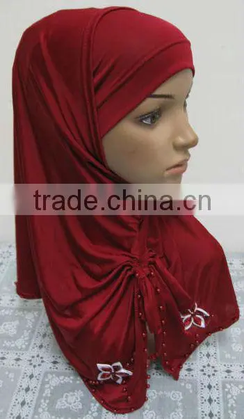 A569 Stylish islamic headscarf HEJAB pearl beaded flower two pieces LONG MUSLIM HIJAB