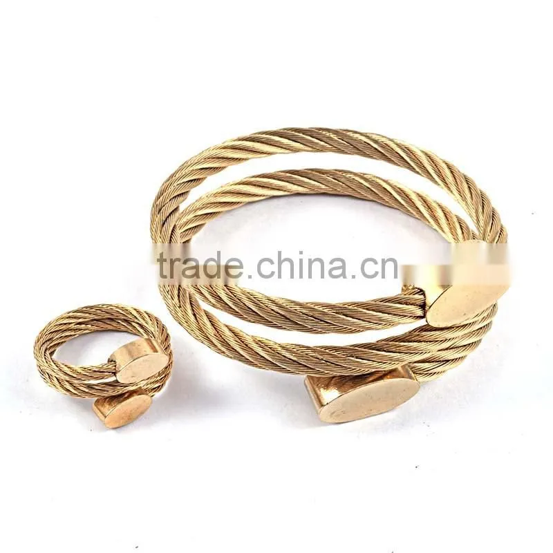 wholesale fashion jewelry wire stainless steel bracelet & rings jewerly sets gold plated