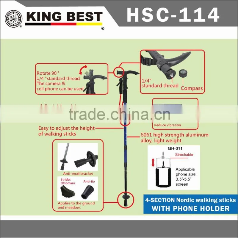 KINGBEST 2016 carbon trekking pole 4-SECTION Nordic walking sticks With Phone Holder With Compass nordic walking stick
