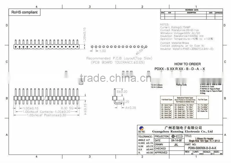 Pitch:1.0mm Single Row Right Angle Pin Header