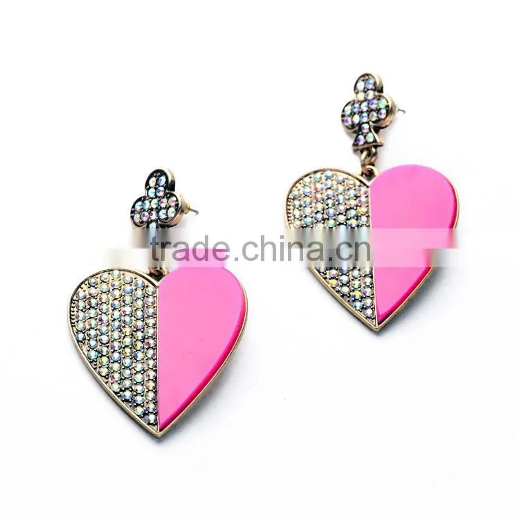 Exaggerated personality pave rhinestone crystal Lovely heart-shaped pendant earrings