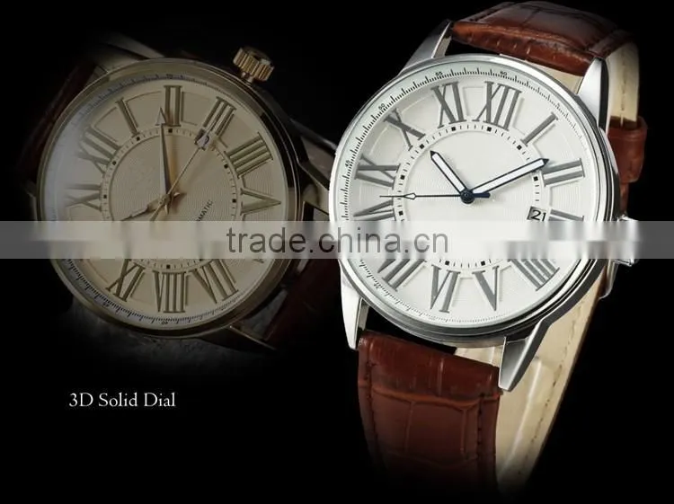 Imperial Big Roman Number Date Analog Leather Mechanical Watch for old people