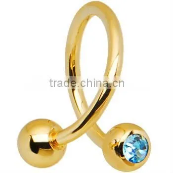 New 16 Gauge Gold Plated Aqua Gem Spiral Twister Ring
