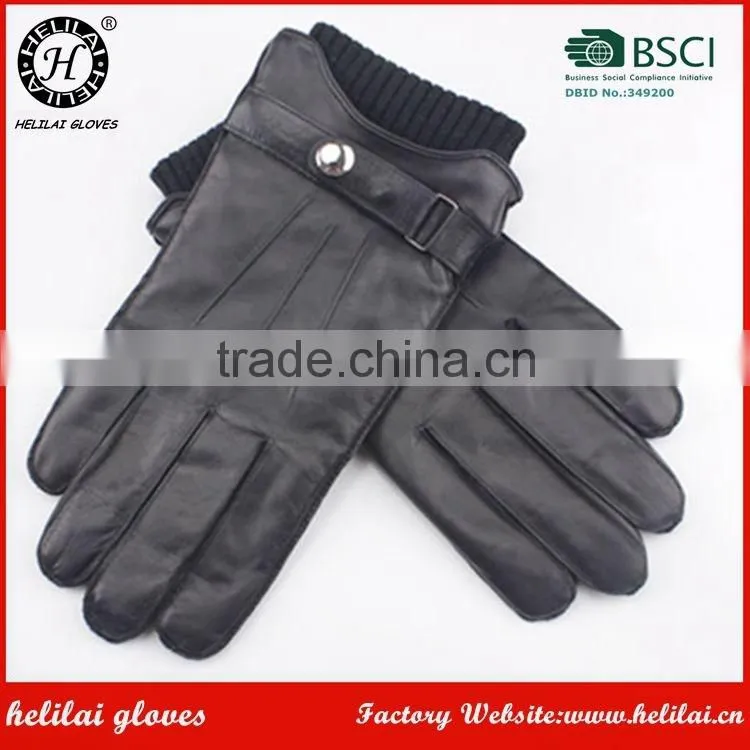 Helilai Customized Men Plain Warm Winter Black Leather Polyester Fur Linned Men Leather GLoves