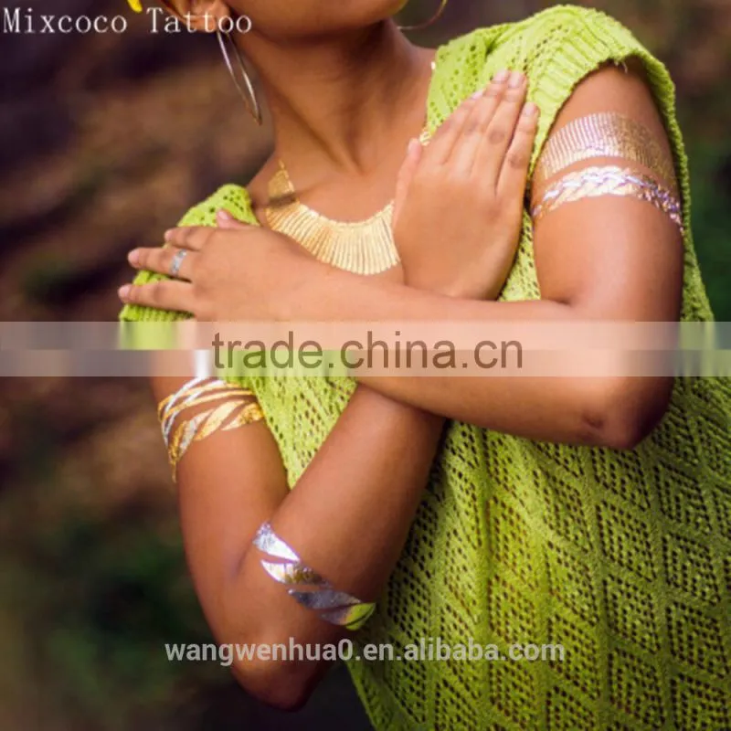 Mixcoco metallic tattoo supply, custom body jewelry temporary metallic tattoo/water transfer printing gold tattoo
