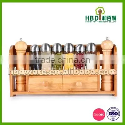 Kitchen wood condiment holder with glass jar set
