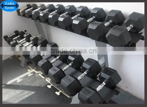 Black rubber coated hex dumbbell