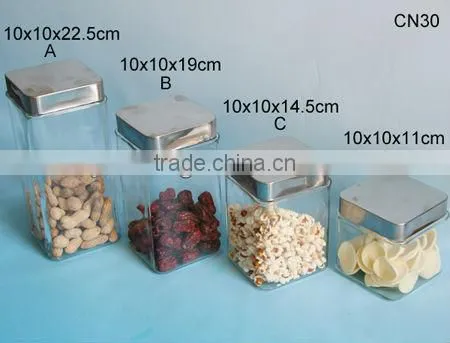 clear square glass storage grain jar with metal lid/plastic lids