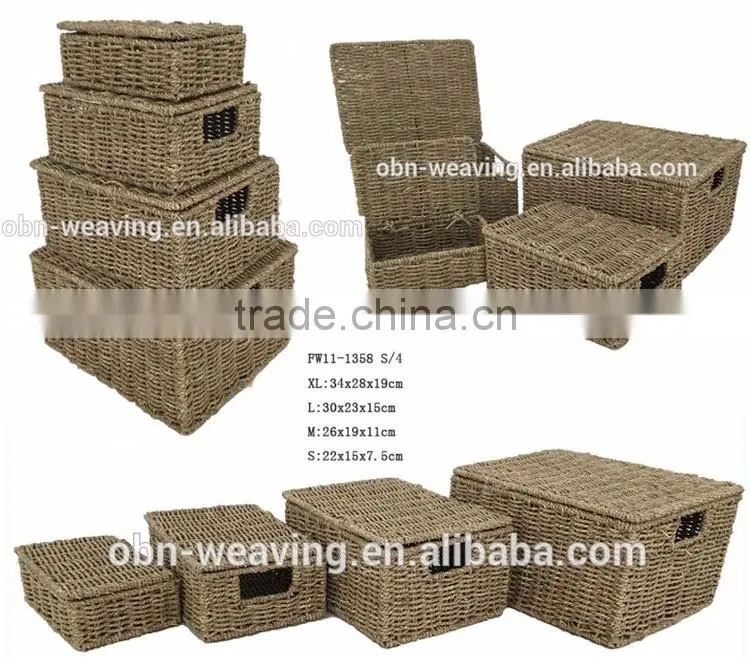 Wholesale customized natural handmade folding seagrass basket with lid