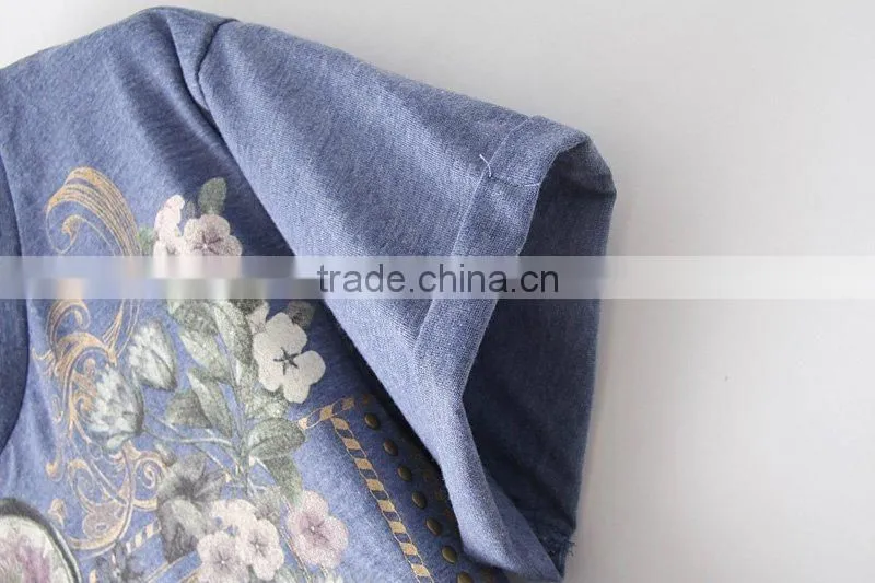 spring Summer New Fashion Women T Shirt Royal Wind Flower Print O-Neck Short-Sleeve Roll Up Hem Cotton T-Shirts clothing